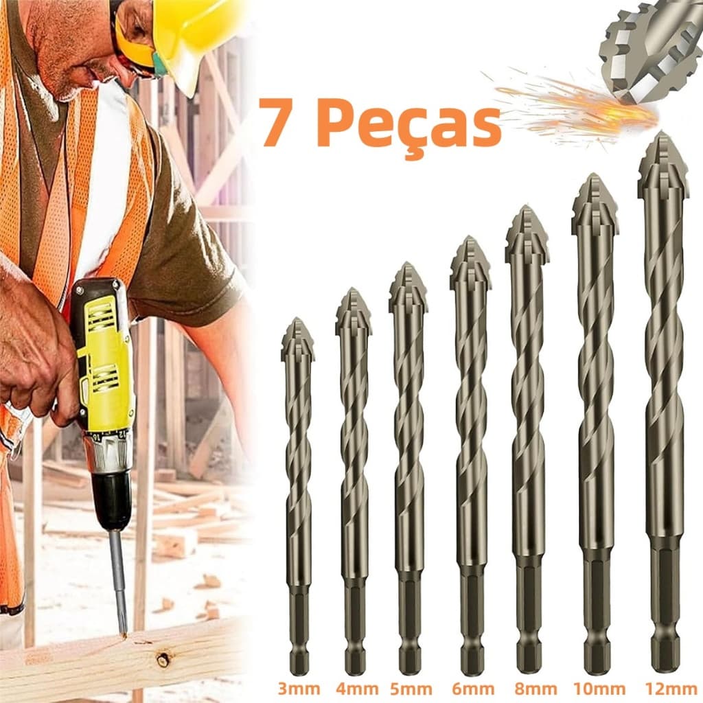 7 Peças Broca Excêntrica Serrilhada De Carboneto  De Quatro Gumes Para Perfuração De para Madeira, Azulejo,3-12mm