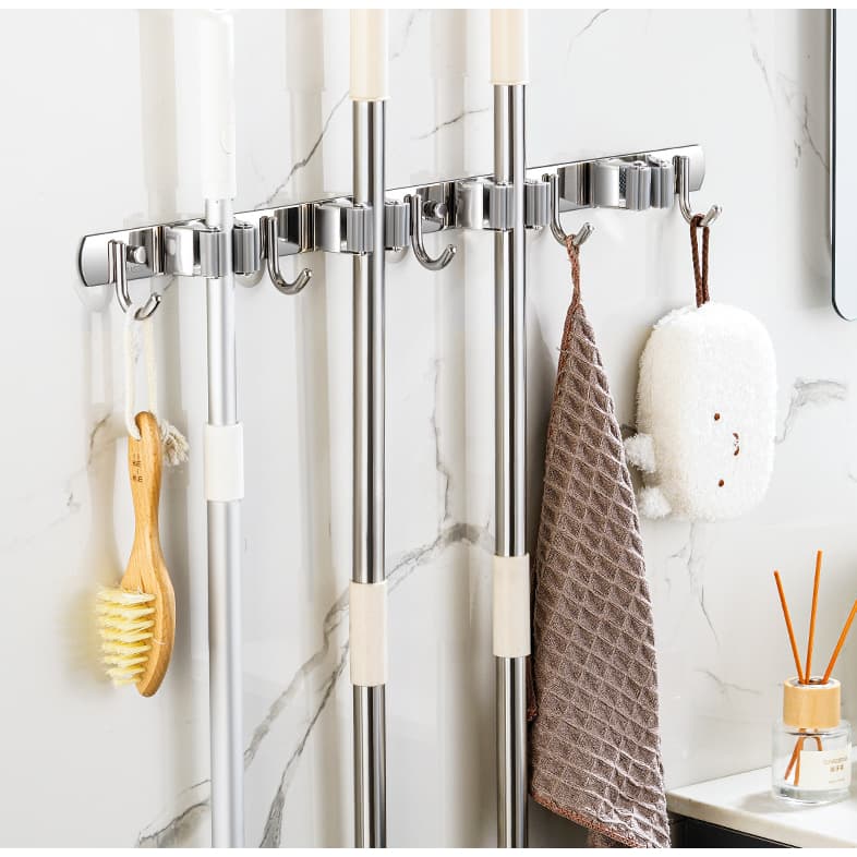 Modern Multifuncional Aço Inoxidável Mop e Broom Organizer Punch-Free Design para uso do banheiro
