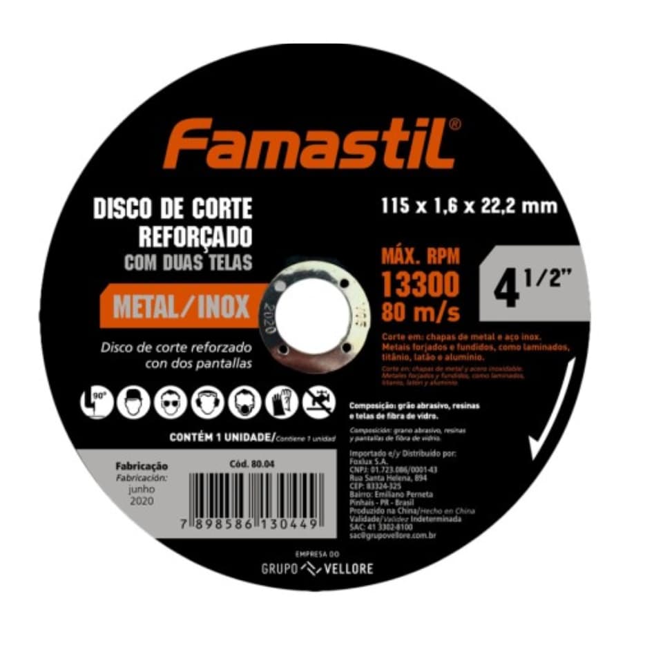 Kit 5 - Disco De Corte Inox Reforçado Famastil 4.1/2" (115mm) x 1,6mm Profissional C/ 2 Telas - Para Aço E Metal