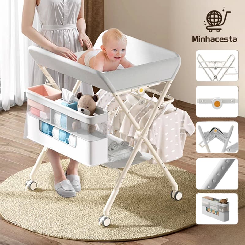 Mesa de troca portátil dobrável com rodas e altura ajustável grande rack de armazenamento P17