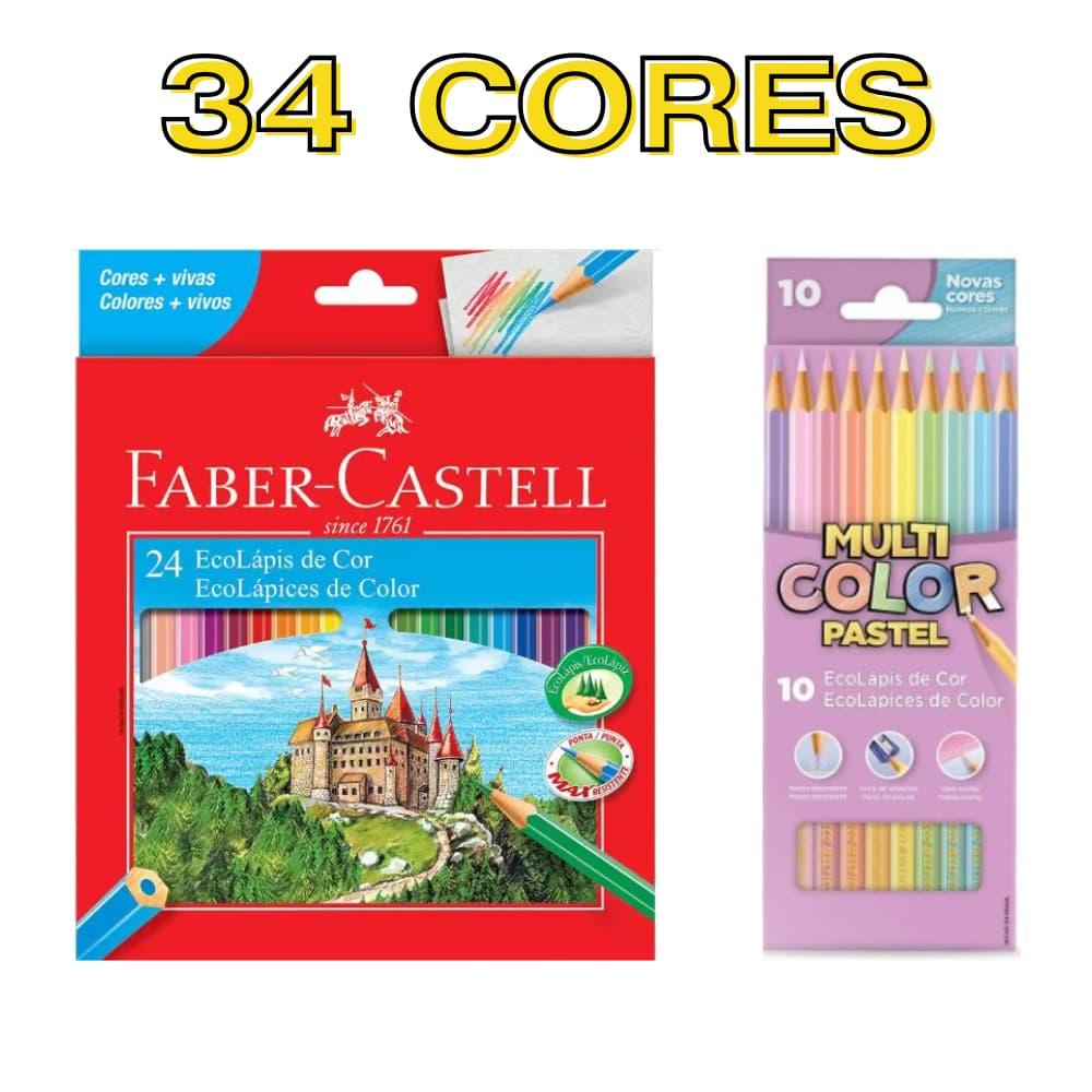 Lápis De Cor Faber Castell Escolar 24 Cores + 10 Lapis TonsPasteis Multicolor