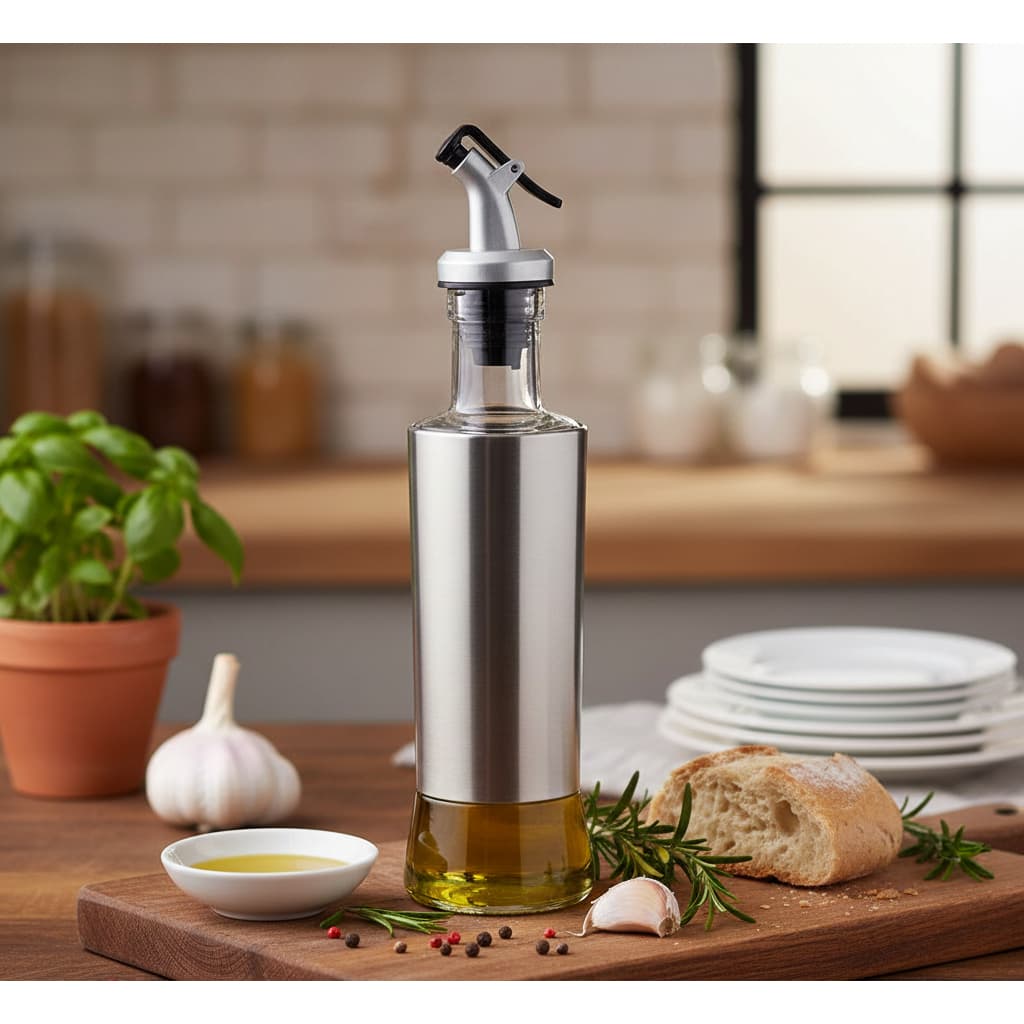 Dispenser de Temperos 300ml Vidro com Inox Porta Azeite Vinagre Molhos Bico Dosador Antigotejamento