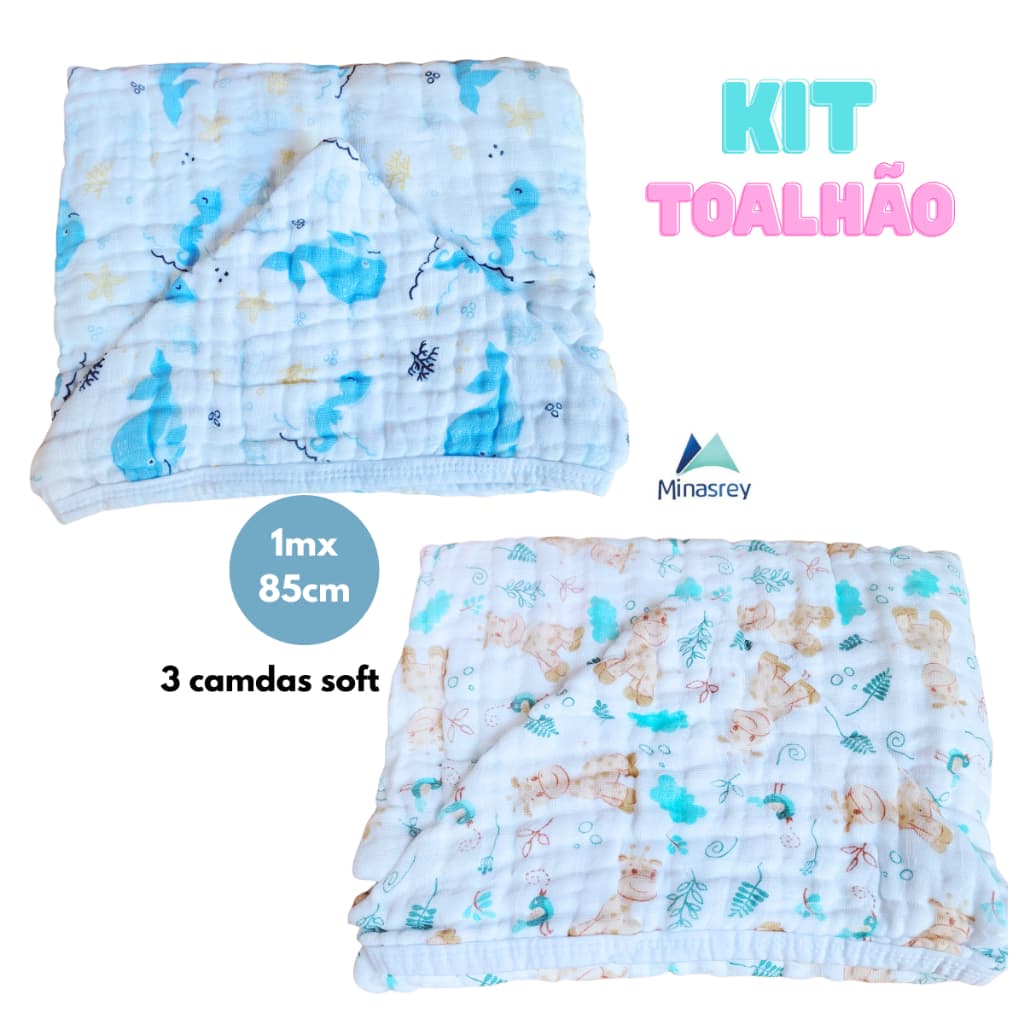 Kit Toalhão Bebê Soft 3 Camadas Fralda Toalha com Capuz 1m x 85cm Macia e Absorvente