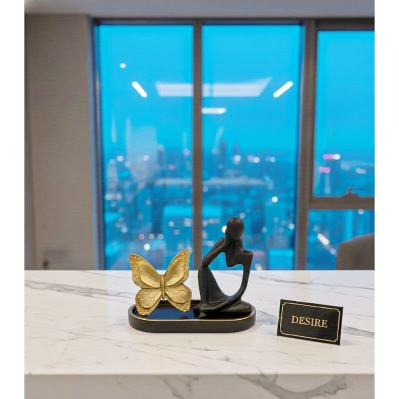 Borboleta Dourada C/ Bandeja Luxo Black & Gold – Enfeite Mesa Escritório Premium