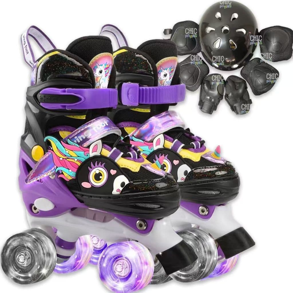 Patins 4 Rodas Meninas Infantil Unicornio Com Luz De Led Rosa + Proteção Patins Criança Presente