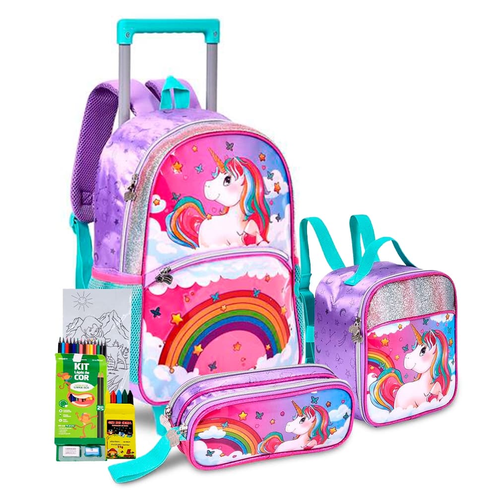 Kit Mochila Carrinho Estojo Lancheira Princesa Sweet Queen Sereia Brilho Escolar Infantil Rodinha