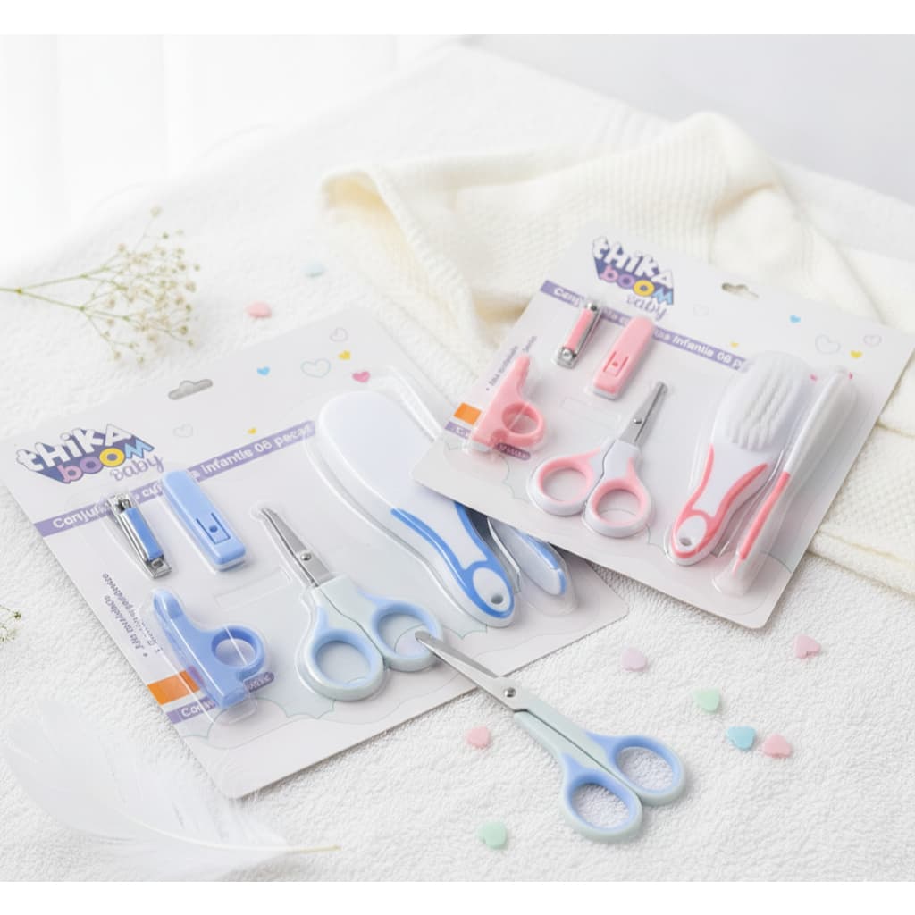 Kit Cuidado e Higiene Bebê 6 Peças Completo Tesoura Cortador Unha Escova Pente Infantil RN