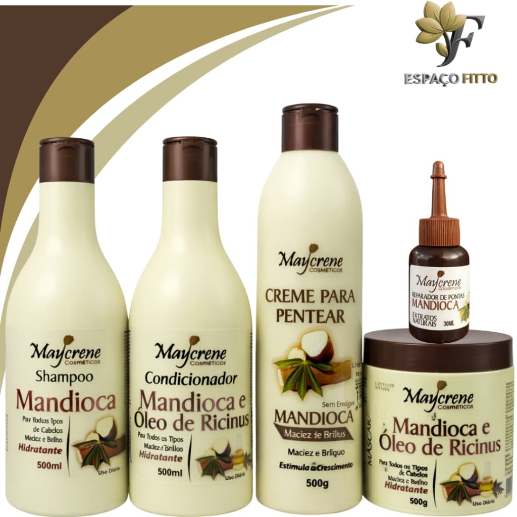 Kit Mandioca Fortalecimento e Nutrição Maycrene (shamp+ cond+masc+creme de pentear+reparador de  pontas)