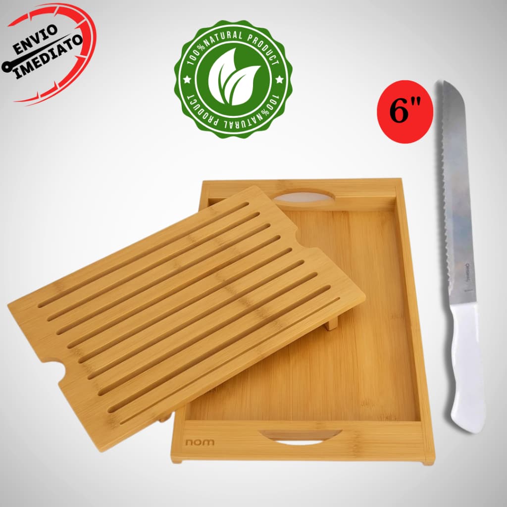 Kit Bandeja Migalheira Faca Pão Tabua de Bambu para Pães Café da Manhã Tabua de Cortes Multiuso
