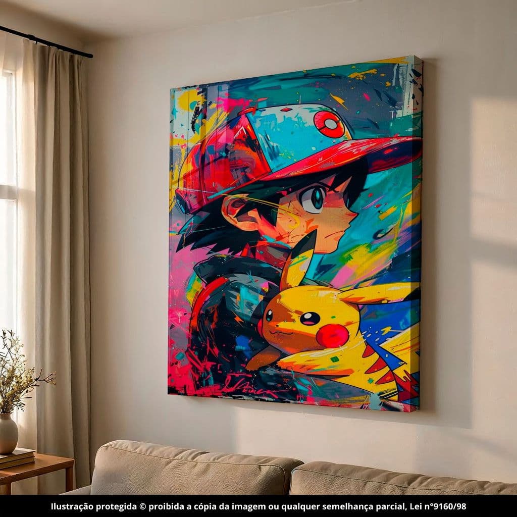 Quadro Parede Decorativo Pokemon Ash e Pikachu Pintura Colorida 1 Peça Vários Modelos MDF