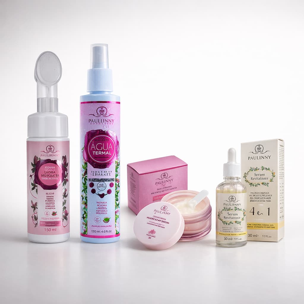 Kit Rosa Mosqueta Phallebeauty Completo | Sérum + Água Termal + Mousse Micelar + Gel Hidratante | Vegano & Cruelty Free