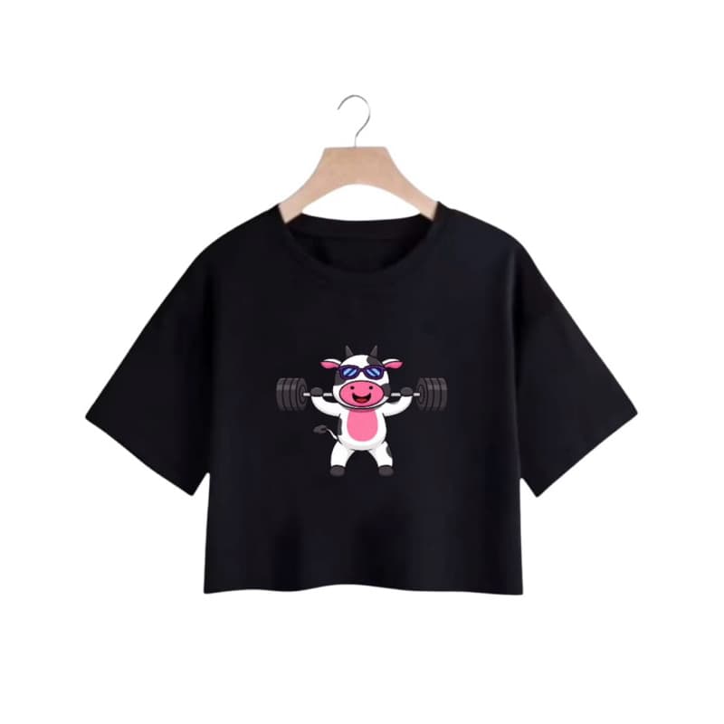 Croped Blusinha Academia Vaquinha Algodão Levinha com Estampa Divertida e Confortável