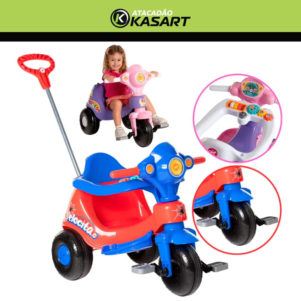Triciclo Infantil | Velocípede | Motoquinha Calesita Velocita C/ Empurrador | Vermelho e Azul | Rosa e Lilás Até 30kg