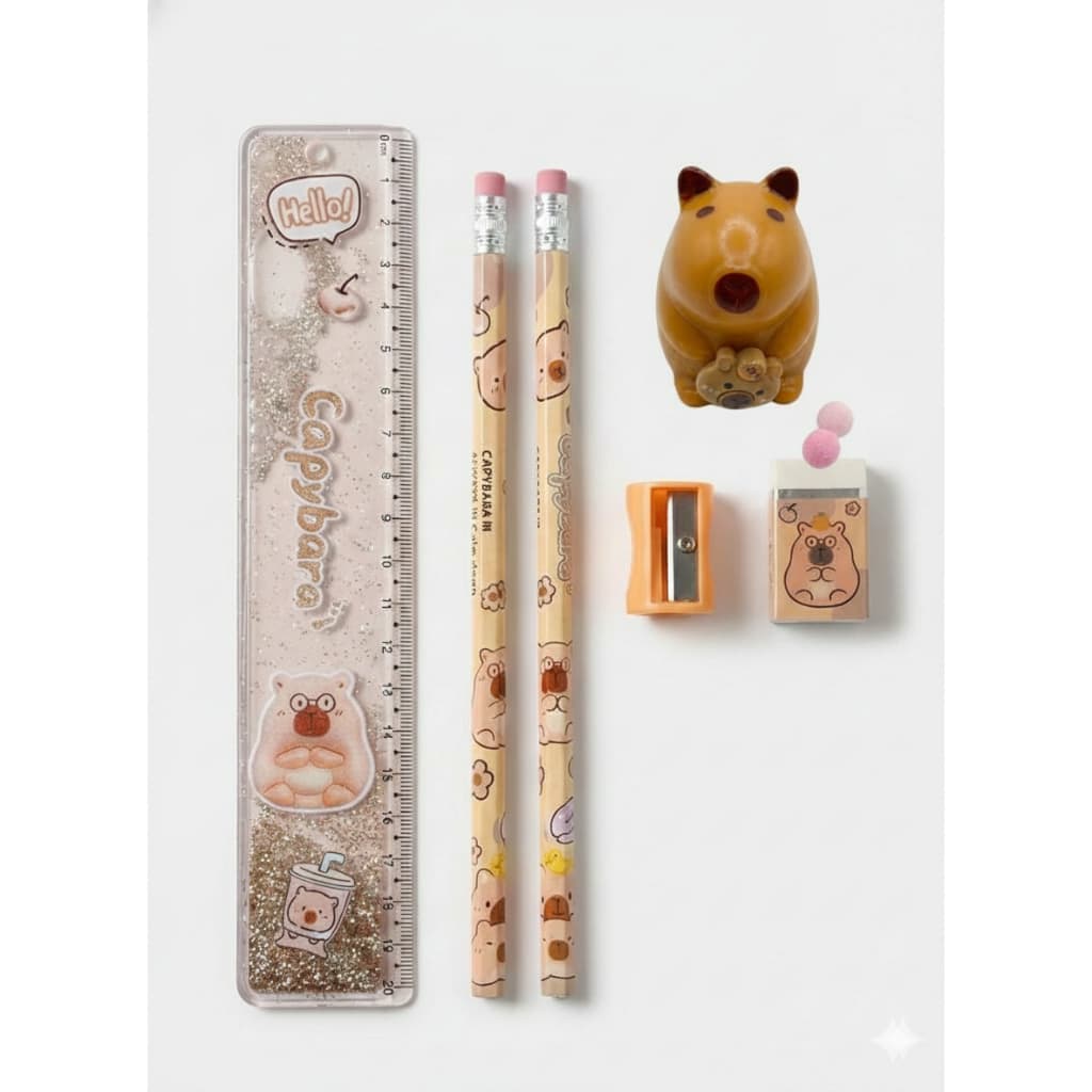 MATERIAL ESCOLAR CAPIVARA LAPIS+ RÉGUA+ APONTADOR+BORRACHA + 1 TABA SQUICHY CAPI FILÓ