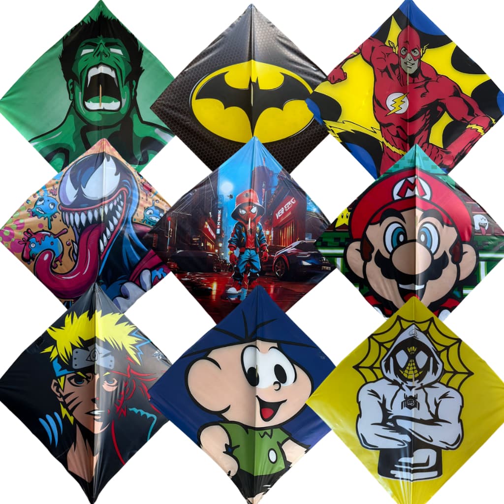 Pipas Papagaio 35x35 cm Estampas Sortidas – Kit com 10, 20, 30 ou 40 Unidades | Alta Qualidade