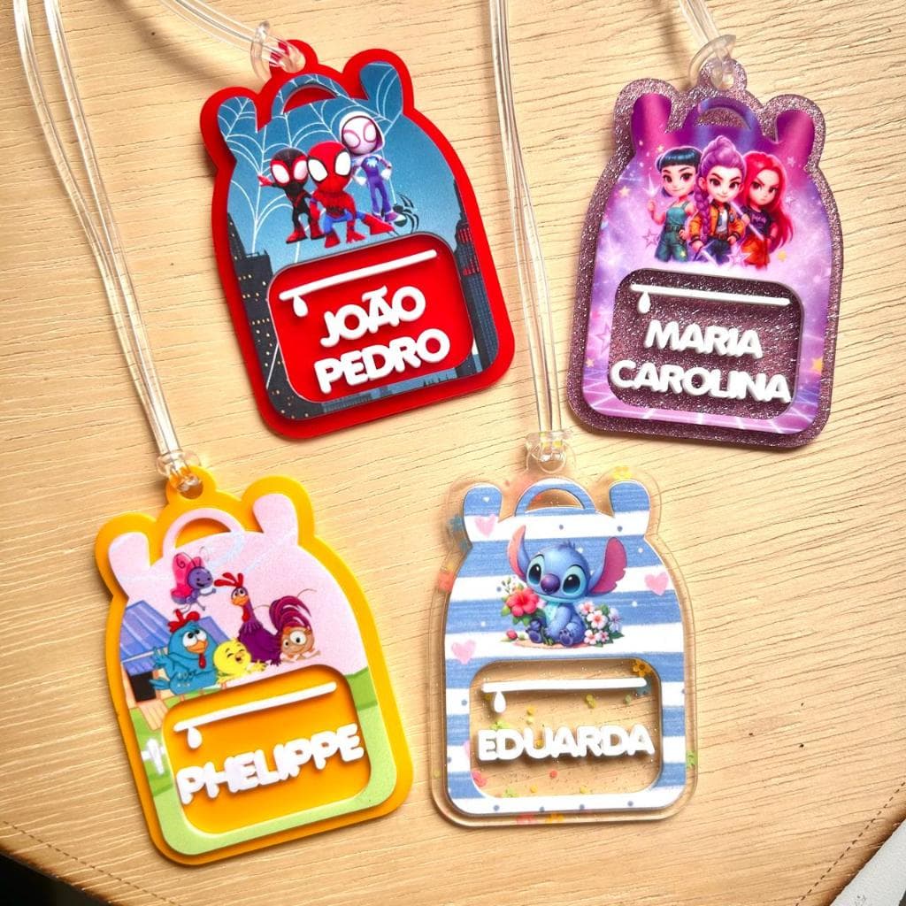 Tag para Mochila Lancheira Mala Escolar Personalizado em Acrílico/Fazemos Qualquer Tema