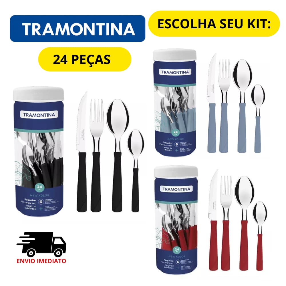 Faqueiro Tramontina 24 Peças New Kolor Talheres em Aço Inox Coloridos Preto/azul/vermelho