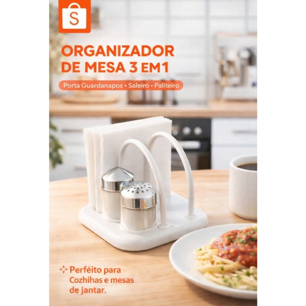 🧂 Organizador de Mesa Cromado 3 em 1 – Porta Guardanapos, Saleiro e Paliteiro