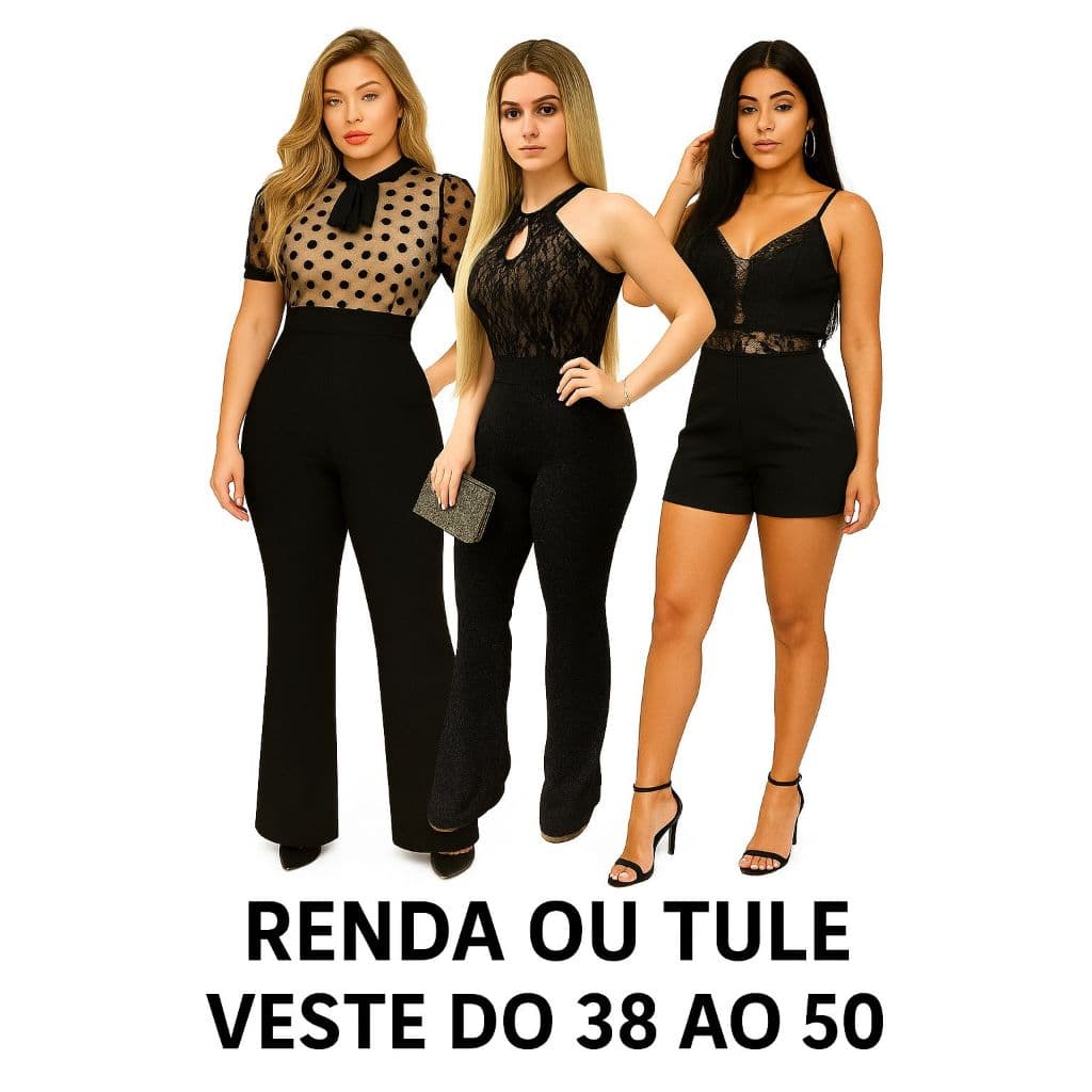 MACACÃO FEMININO DE RENDA MAIS VENDIDO FORRADO ELEGANTE SOCIAL PLUS SIZE PRETO CASAMENTOS FESTAS CHIC VIRGINIA