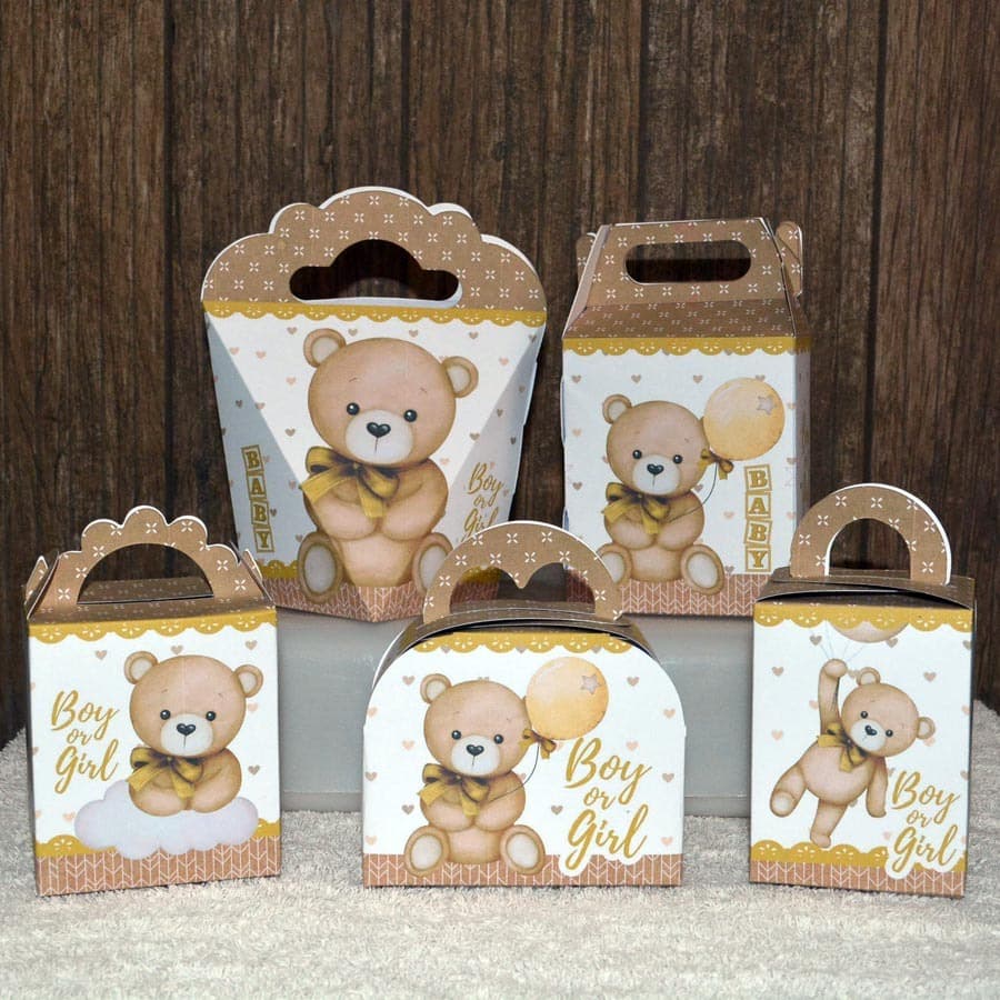 Kit 20 a 50 Caixinha CHÁ REVELAÇÃO URSINHO Neutro Urso Bege Lembrancinha Festa Dourado Pegue E Monte NÃO É PERSONALIZADO