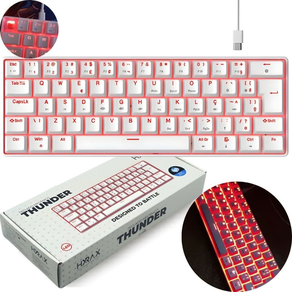 Teclado Mecânico Gamer Hyrax, 60%, Thunder, Switch Blue, Led Vermelho - ABNT2
