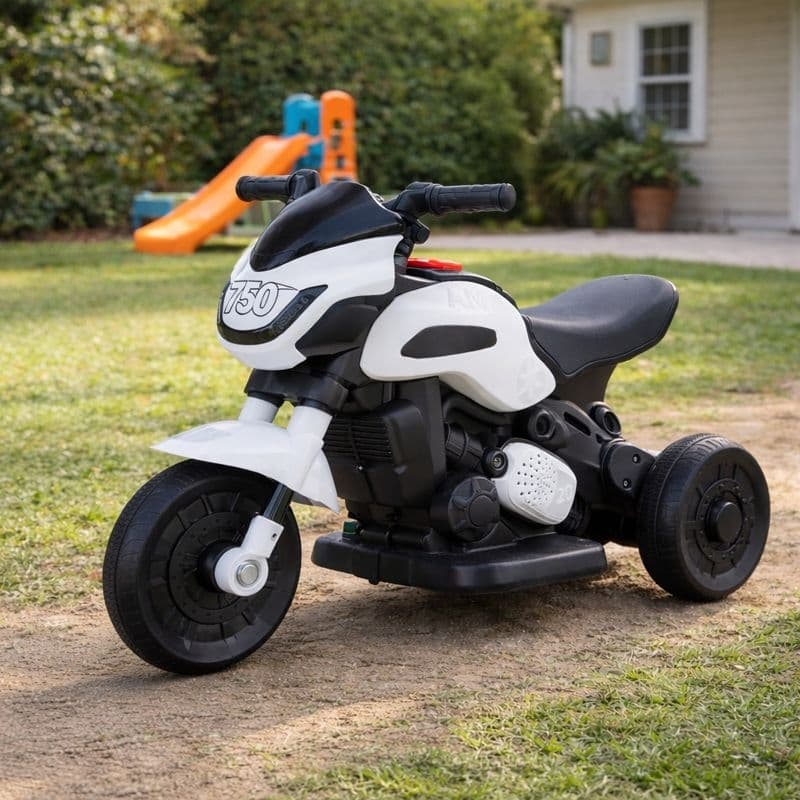 Moto Elétrica Infantil Branca Bateria 6V+Carregador Triciclo Velocidade Controlada Diversão Crianças