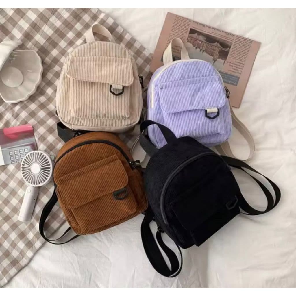 Mini Bolsa Mochila Compacta Preta Fashion Cotelê Juvenil