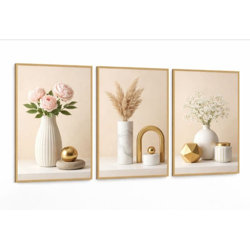 Quadro Decorativo 3 Peças Tons Neutros Detalhes Florais