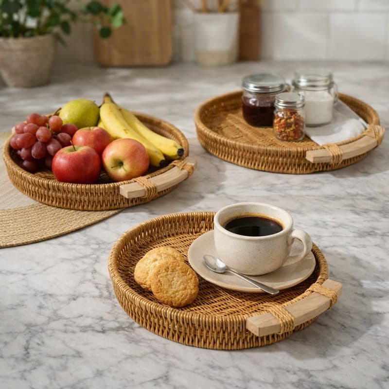 Kit de Bandejas Redonda de Madeira e Corda de Palha Bandeja de Servir Cafe Fruteira e Organizações de Cozinha