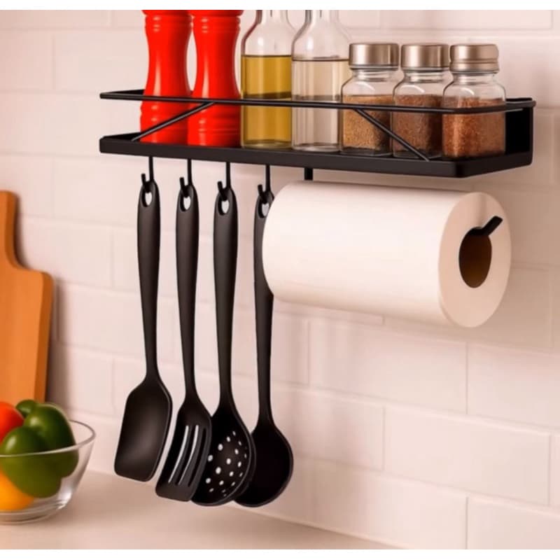 Prateleira Cozinha Porta Tempero Condimentos Porta Rolo Suporte Organizador de Parede 40 cm em Aço
