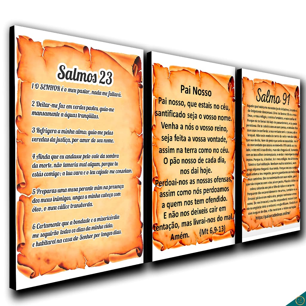 Kit 3 Quadros Decorativos Salmos 23 ,91 e pai nosso