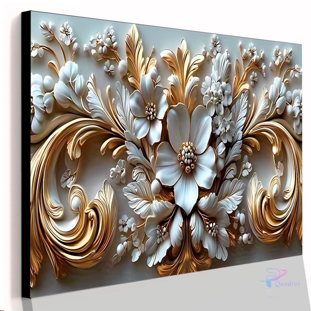 Quadro Decorativo Flores Flor Floral Branca 3d Com Ouro Casa Sala Quarto Parede Decoração