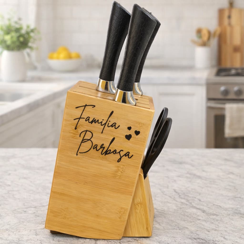 Kit Organizador de Facas Bambu Personalizado com Frase + Facas e Tesoura