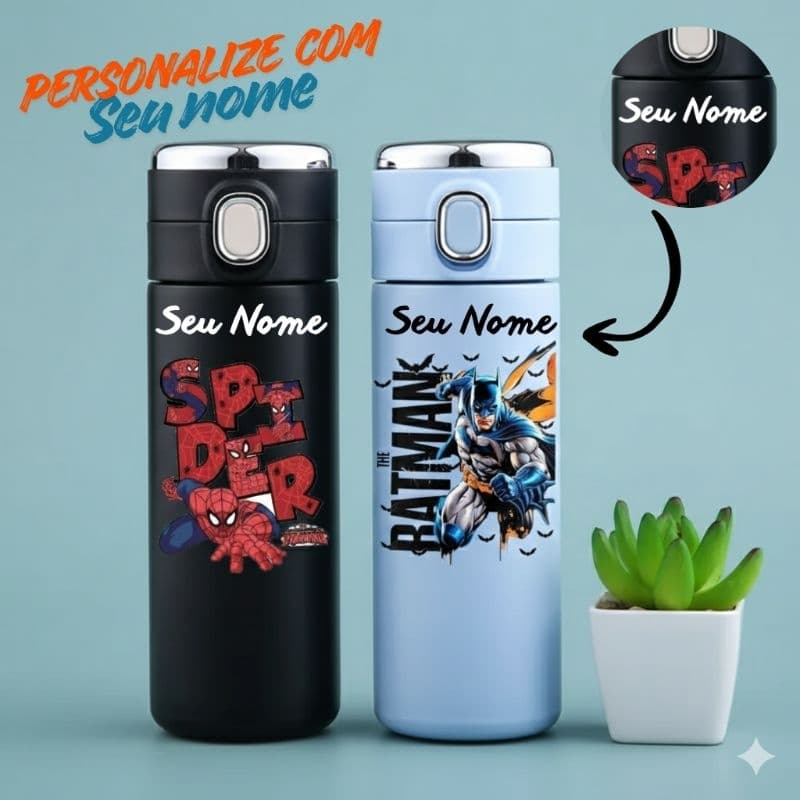 Garrafa Térmica Infantil Super-Heróis – Batman Homem Aranha| Com Visor de Temperatura 420ml Escola Volta Aulas