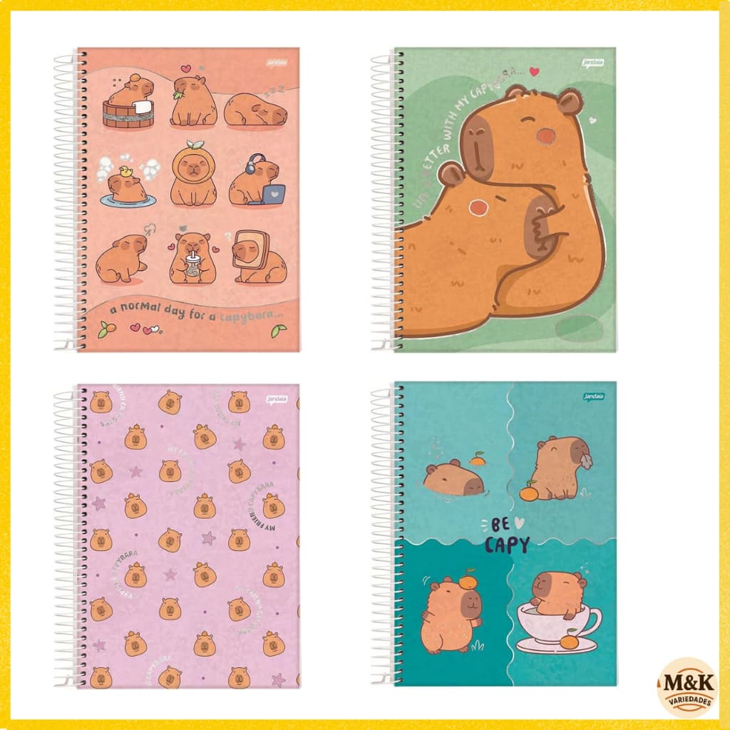 Kit 4 Cadernos 1 Matérias capivara Universitários 80 Folhas Linha Jandaia Estampas Variadas
