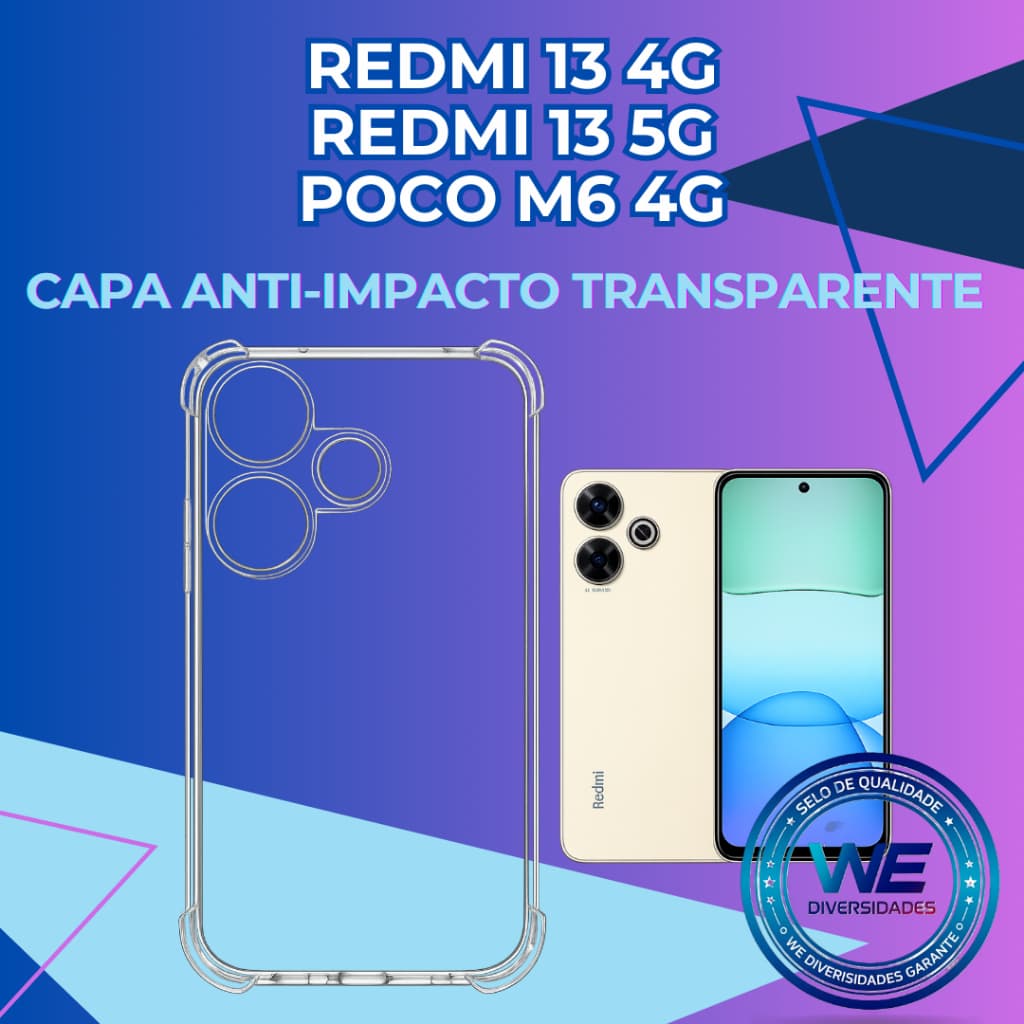 Xiaomi Redmi 13 4G Poco M6 4G Redmi 13 5G Capa Anti-Impacto Transparente Bordas Arredondadas