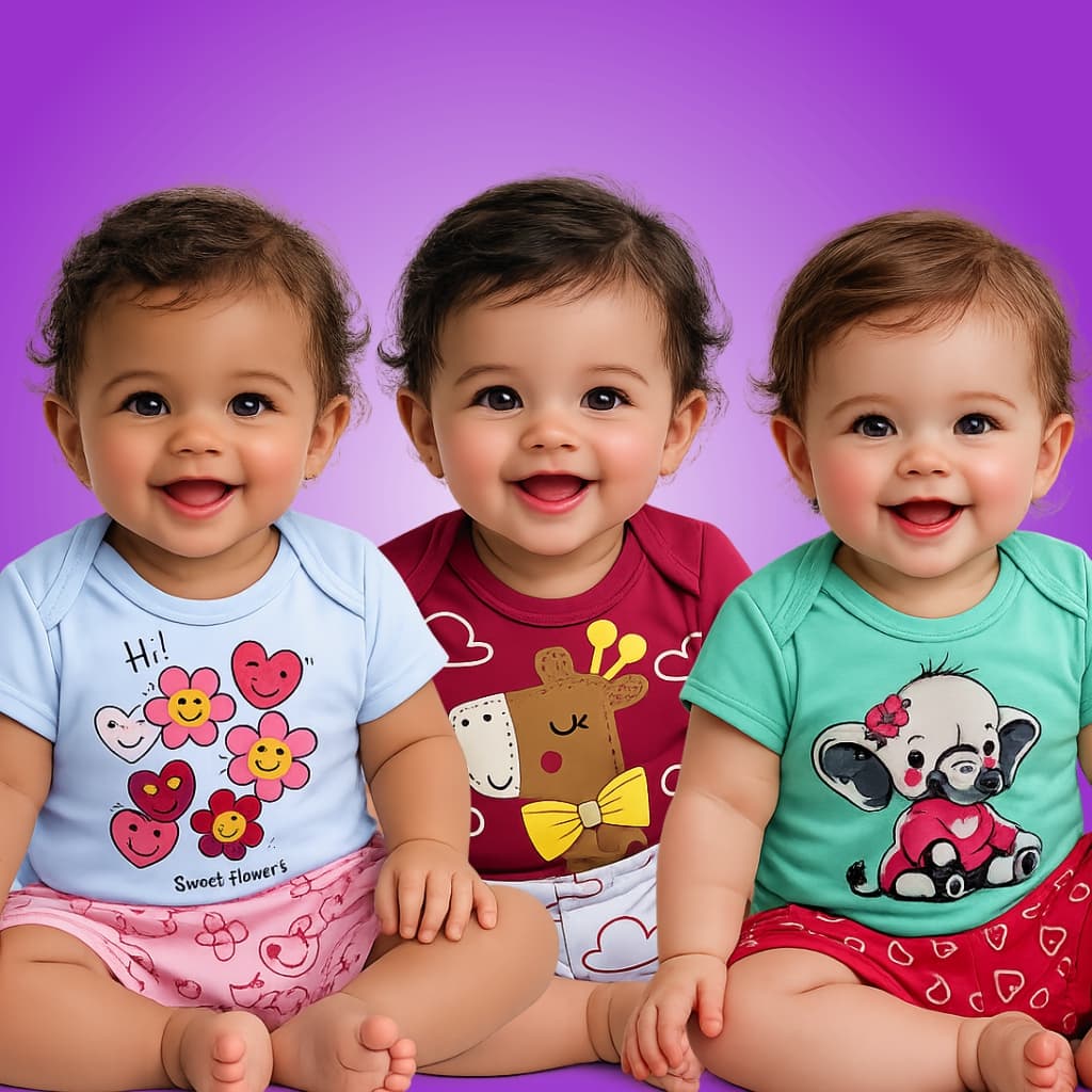 Kit 3 Conjuntos Infantil Bebê Feminino Menina (3 Body +3 Short) | Suedine 100% Algodão