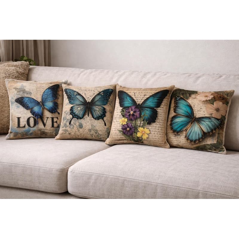 Kit 4 Capas de Almofadas Borboletas Vintage Decorativas 45x45