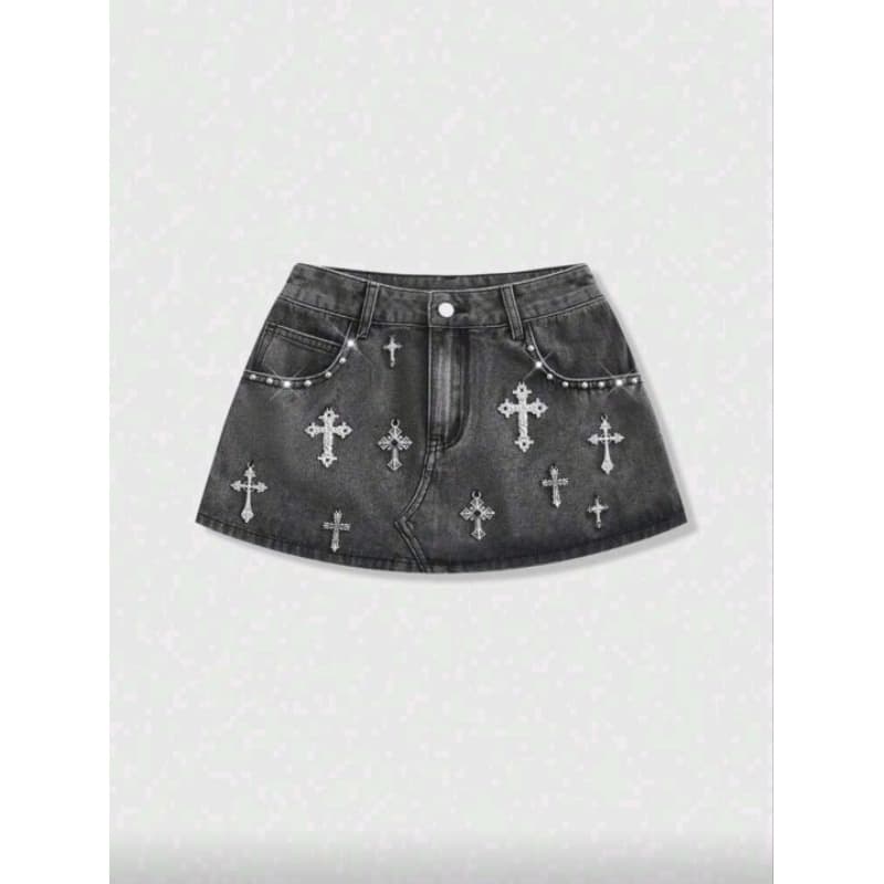 ROMWE Grunge Punk gótica Saia Denim Mini Fashionável com Bolso e Decoração de Cruz e Strass para Mulheres (G)