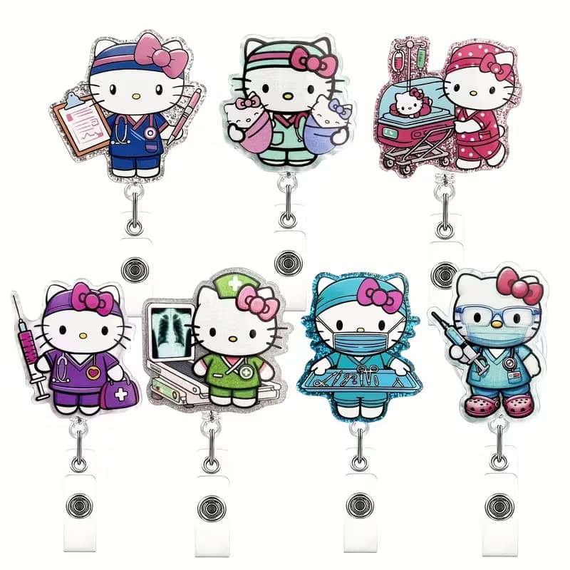 Porta Crachá Retrátil Roller Clip Yoyo Acrílico Médico Enfermagem Hello Kitty
