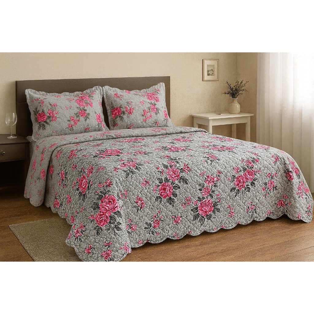 Kit 3 Peças Colcha Cobre Leito P/ Cama Casal e Queen 2,60m x 2,40m   Estampada Floral Rosa