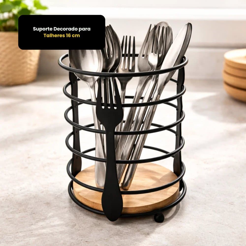 Suporte para Talheres em Aço e Madeira Decorativo | Organizador de Cozinha Premium
