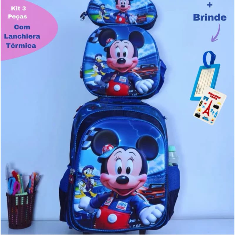 Kit Mochila Escolar com Rodinhas 3D Micky para Crianças + Lancheiro + Estojo - Conforto e Leveza com Design 3D