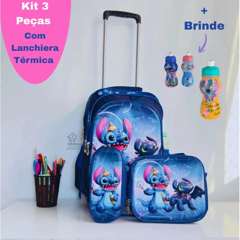 Mochila Escolar de rodinha Stitch + Lancheira TÉRMICA + Estojo 3D alto relevo