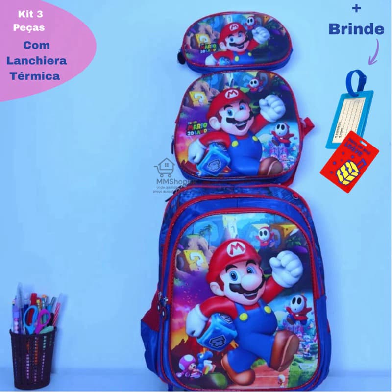 Kit Mochila escolar infantil kit 3 peças super Mário em 3D alto relevo. Mochila de Rodinha + Lanchiera Termico + Estojo