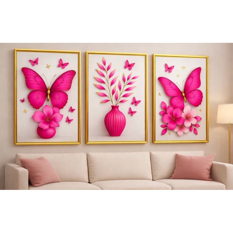 Kit 3 Quadros Decorativo Sala Borboletas e Flores Quarto Feminino Elegante Moderno Menina Destaque