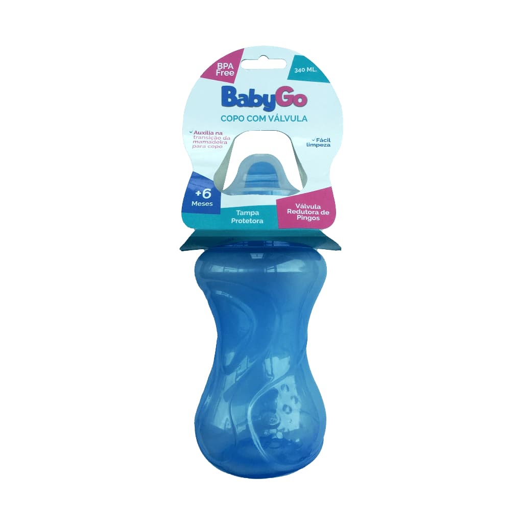 Copo Transição Com Tampa E Válvula Redutora De Pingos BabyGo 340ml Azul e Rosa