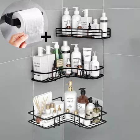 Kit 3 Prateleiras Organizadoras Parede e 1 Gancho P/ Papel Suporte Com Alto Adesivos Para Banheiro Cozinha Sem Furação