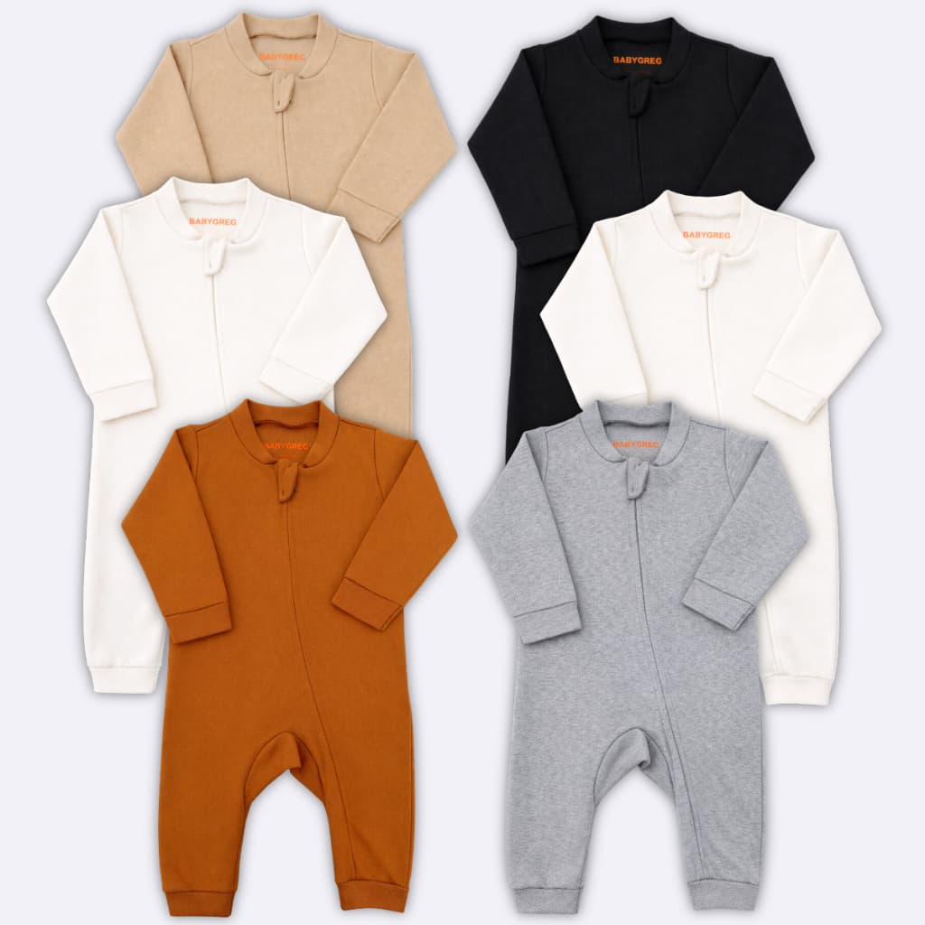 Kit 6 Macacão Bebê Cores Minimalista com Ziper 0 a 12 meses - Baby Greg (Cinza/ Marrom/ Preto/ 2 Off White/ Bege)