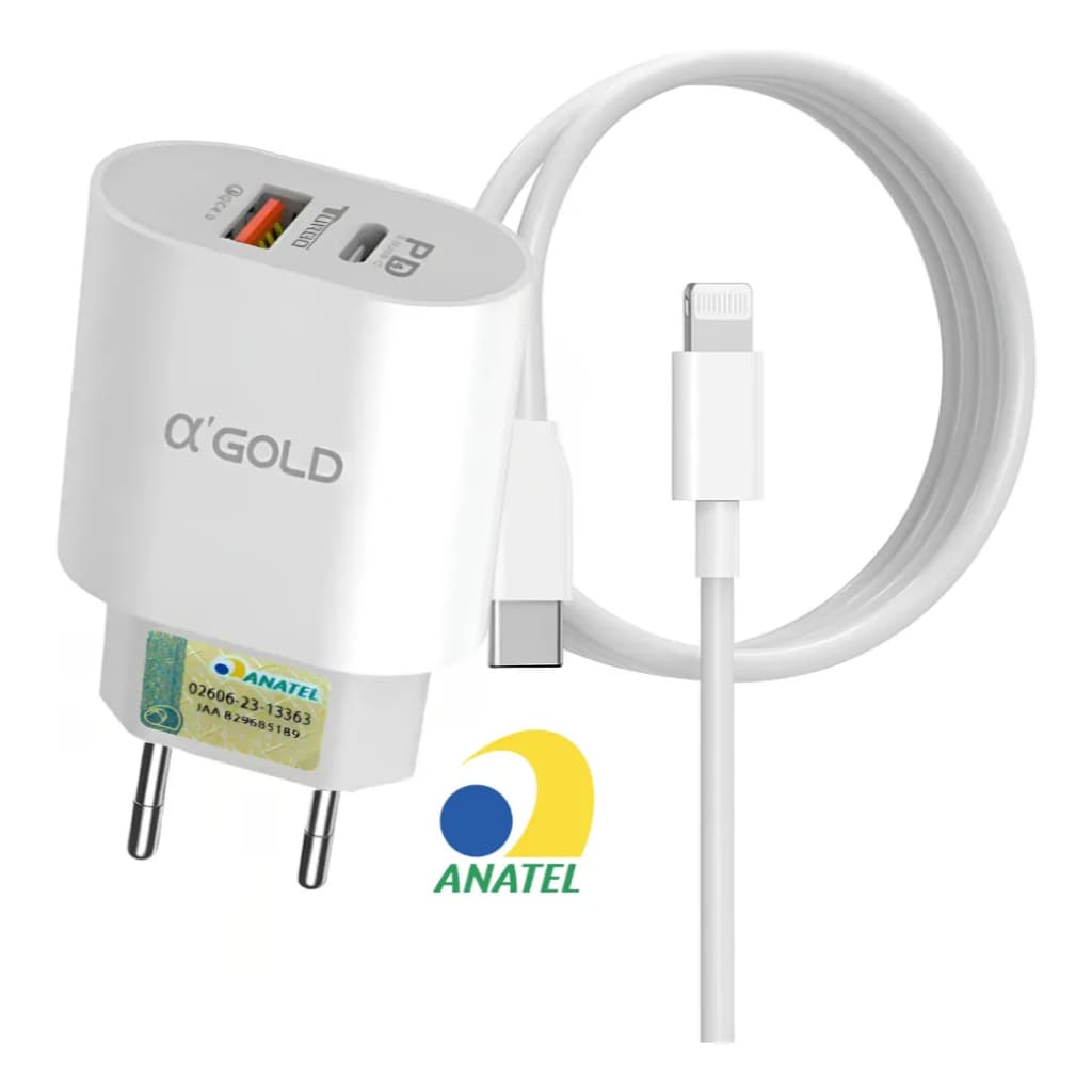 Kit Carregador iPhone Turbo 40W Fonte Duas Saídas + Cabo Lightning USB-C para iPhone XR 11 12 13 14